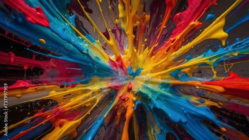 Vibrant, dynamic, explosion of multicolored paints in motion. Abstract, creativity, design, energy, innovation, art. Intense visual experience, contrasting bright colors on dark background