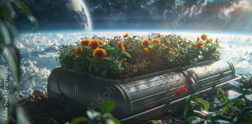 A space station garden where astronauts grow food and flowers