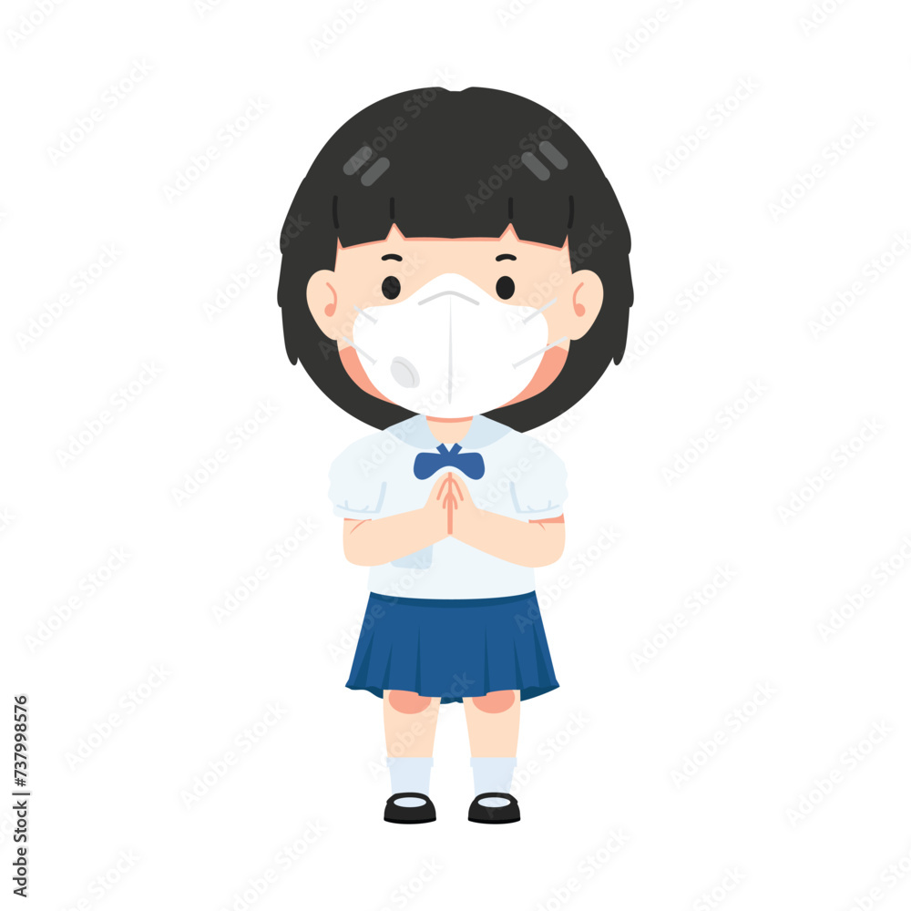 Cute student girl wearing face mask greeting sawasdee Cute student girl wearing face mask greeting sawasdee