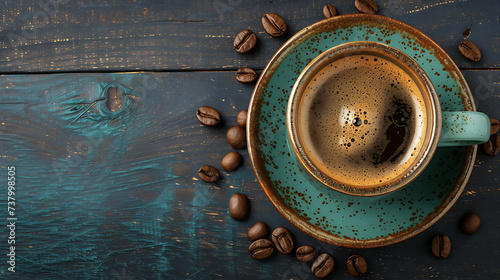 Coffee cup and coffee beans on dark wooden background, top view photo