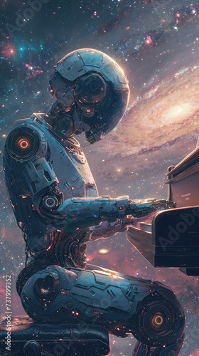 A robot playing the piano in the universe, with galaxies in the background