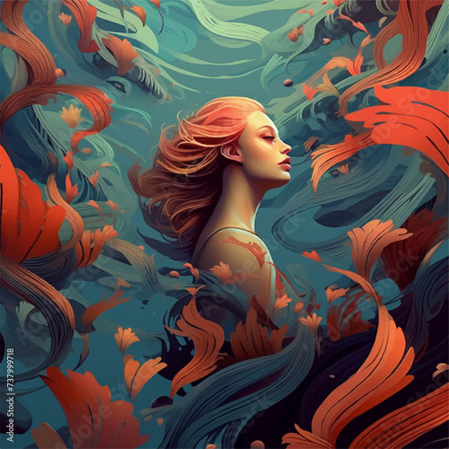 bright colorful illustration - beautiful girl. colored waves. mermaid