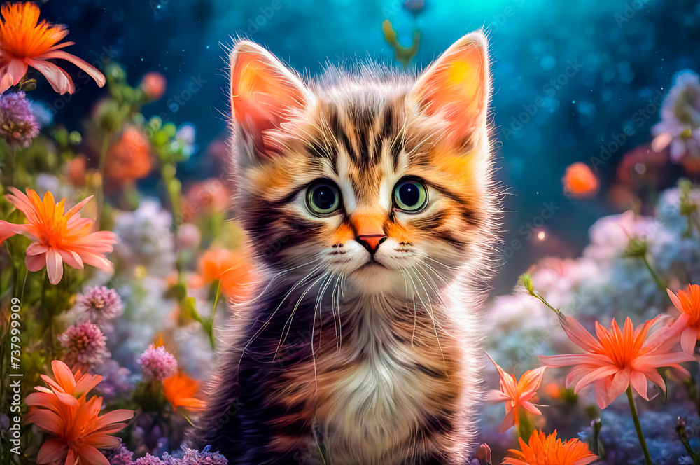 Portrait of a cute and touching kitten on a fantastic floral background