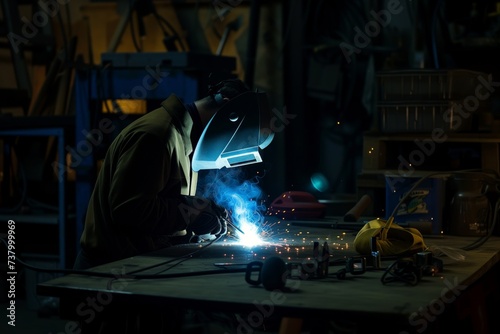 welder in a dark workshop, arc glow lighting up the surrounding area