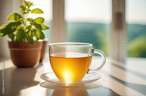 Transparent cup of herbal tea, with mint, lemon balm and honey on modern kitchen big window on background. Stay healthy at home, cozy place. Concept health, design, advertising