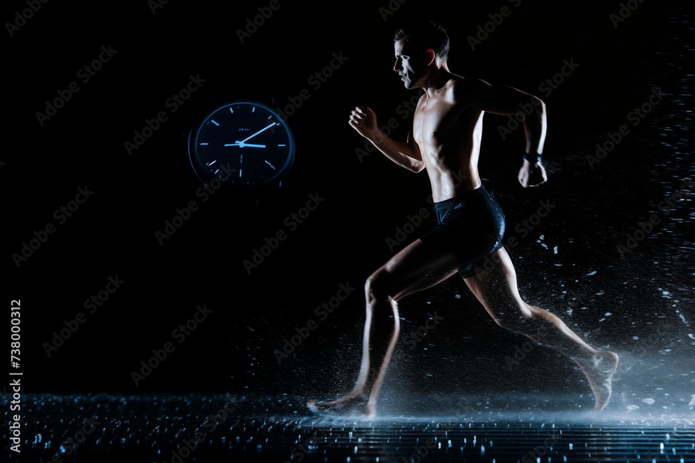A man running in the rain with a clock in the background.