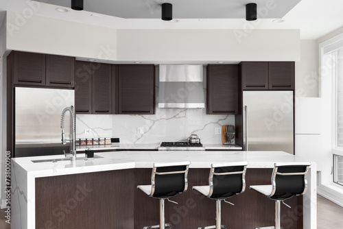 A modern kitchen with wood cabinets, white waterfall marble countertop and backsplash, and stainless steel appliances. No brands or labels.