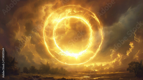 A celestial phenomenon captured in exquisite detail as a golden light circle bursts forth in a dazzling display of radiant energy photo