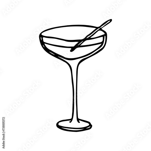 cocktail in a martini glass on a long stem with a stick or toothpick. hand drawn cocktail drawing