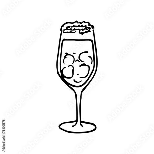 cocktail in a glass with a long stem, sprinkles around the edge of the glass. hand drawn drawing of cocktail