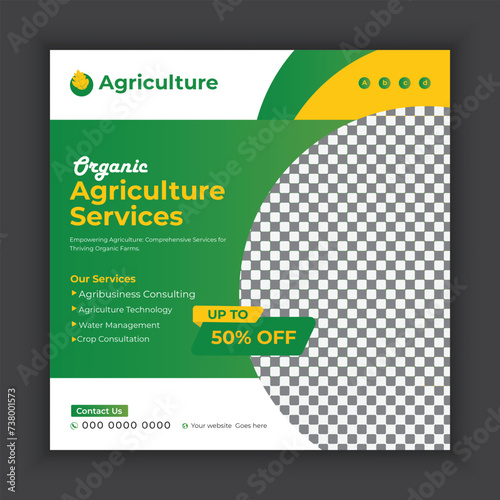 Organic farm and agricultural technology or farming web banner template design. Agro, bio, eco farm services social media post banner template
