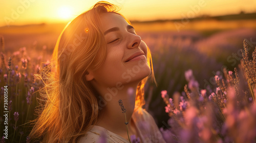 Portrait of happy woman with closed eyes enjoying the beauty of nature, standing in lavender field at sunset © boxstock production