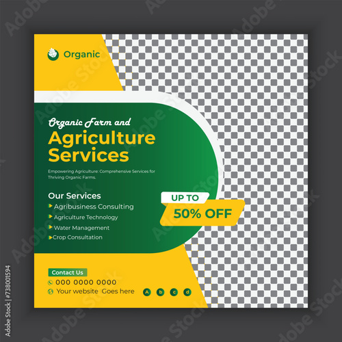 Organic farm and agricultural technology or farming web banner template design. Agro, bio, eco farm services social media post banner template