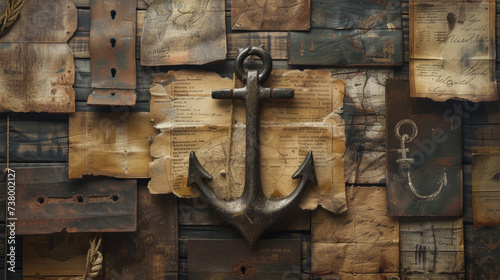 A compelling display of nautical artifacts including ancient paper documents and a weathered anchor arranged on a textured wooden background photo