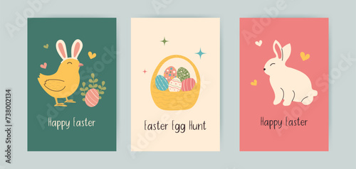 Set of hand-drawn Happy Easter vertical backgrounds. Greeting card with chicken, bunny and leaves in doodle style. Egg hunt template for social media with basket filled colorful patterned eggshells