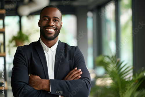 Professional African American businessman with a friendly smile in office environment
