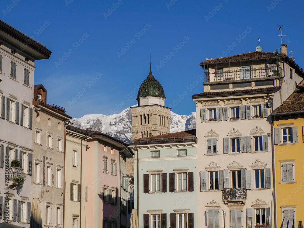 Church of Santa Maria Maggiore, Trento, Italy view from dome place with snowy dolomites mountains background