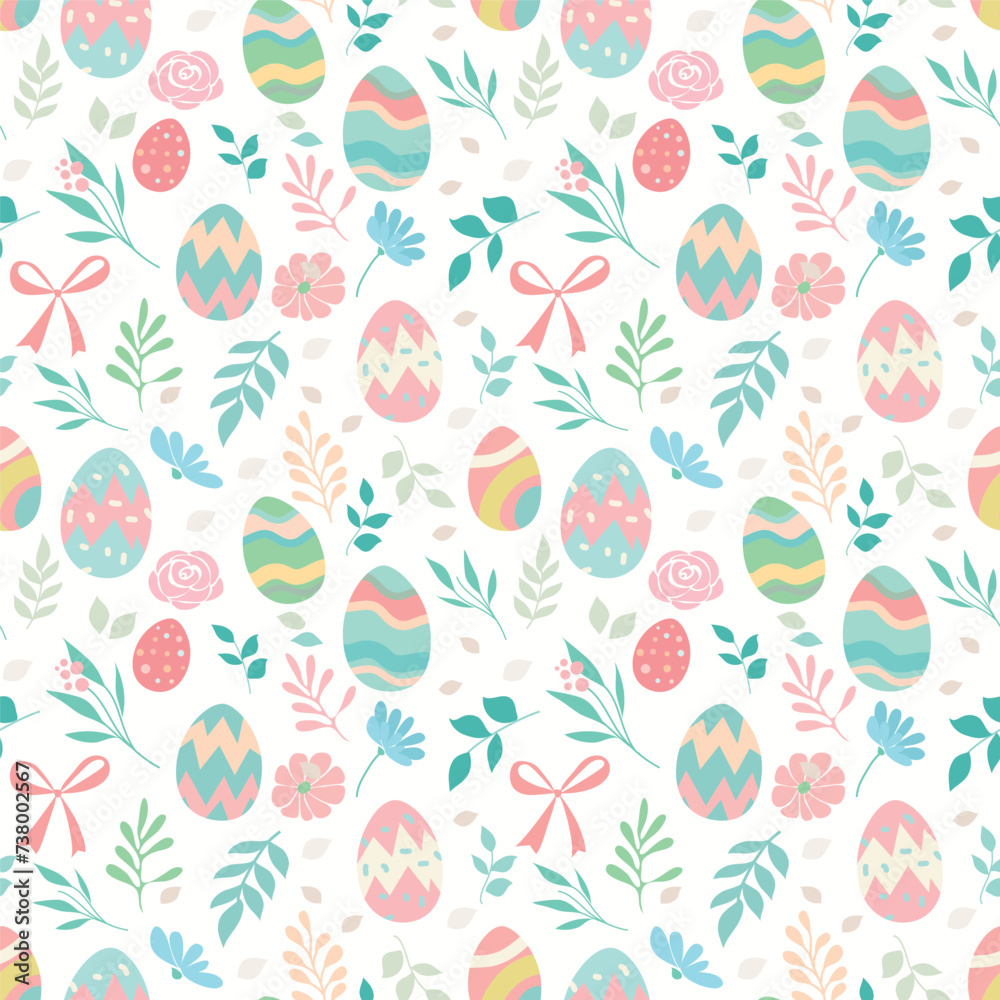 Vector seamless pattern with coloured eggs and spring flowers