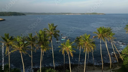 Traditional Sri Lankan fishing boats in the ocean by the tropical coast with palms photo