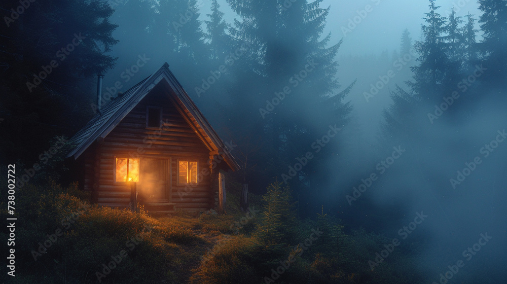 A cozy wooden cabin nestled in a misty forest A cozy wooden cabin nestled in a misty forest