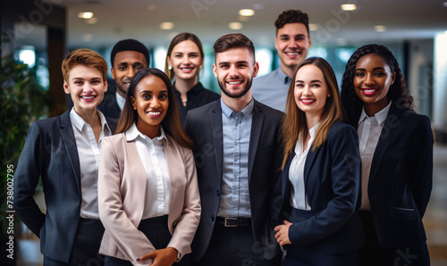 Young happy professional international team business people. Workers standing in corporate office, diverse multiracial smiling employees. photo