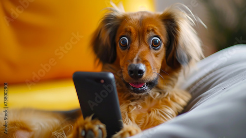 Image of a dog making a surprised face at a cell phone screen. photo