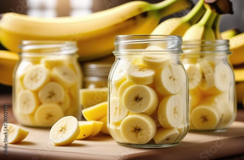 National banana cream day. banana cream packed in beautiful glass containers, banana pieces in glass jars