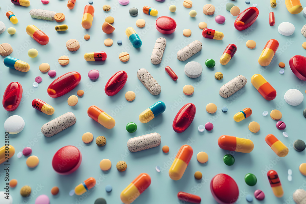 Colored tablets and capsules on a light blue background. Pills are scattered on the table. Pile of red soft gelatin capsule. Vitamins and food supplements concept. Top view. Banner. Copy space Colored tablets and capsules on a light blue background. Pills are scattered on the table. Pile of red soft gelatin capsule. Vitamins and food supplements concept. Top view. Banner. Copy space