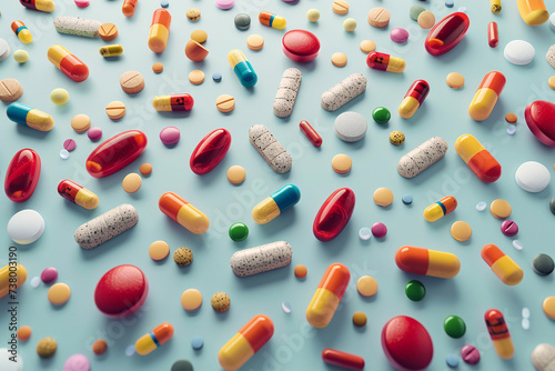 Colored tablets and capsules on a light blue background. Pills are scattered on the table. Pile of red soft gelatin capsule. Vitamins and food supplements concept. Top view. Banner. Copy space