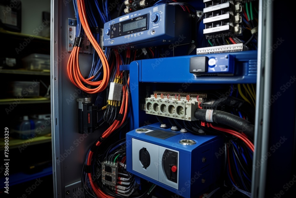 A Detailed View of a Switch Mode Power Supply Unit in an Industrial Setting, Surrounded by Various Electrical Components and Tools - obrazy, fototapety, plakaty 