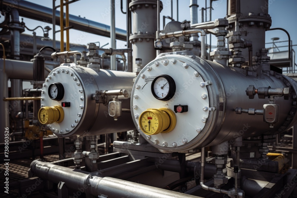 A Close-up View of a Mud Drum in an Industrial Setting, Surrounded by Pipes, Gauges, and Metallic Structures A Close-up View of a Mud Drum in an Industrial Setting, Surrounded by Pipes, Gauges, and Metallic Structures