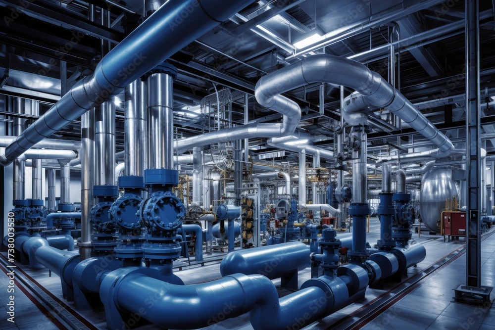 A panoramic view of a bustling plenum, showcasing the intricate network of pipes and machinery in an industrial setting A panoramic view of a bustling plenum, showcasing the intricate network of pipes and machinery in an industrial setting