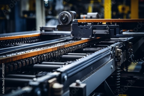 A close-up view of a meticulously engineered conveyor belt link, surrounded by the gritty, industrial environment of a bustling factory