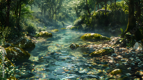 Lifelike representation of a serene mountain stream   A forest with a waterfall in the middle of it  