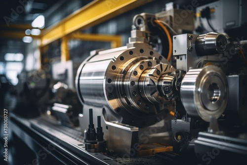 A detailed view of a robust machine stud, perfectly crafted and polished, standing out in an industrial setting with complex machinery in the background