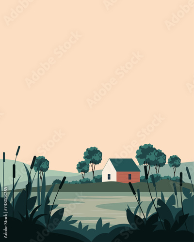 Sunset, village, house, USA. Poster, banner, card design photo
