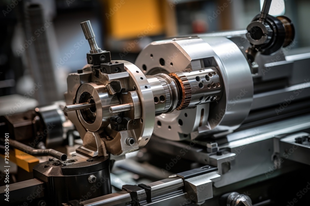 Close-up view of a lathe tailstock in an industrial setting, showcasing its intricate mechanical details and the surrounding workshop environment Close-up view of a lathe tailstock in an industrial setting, showcasing its intricate mechanical details and the surrounding workshop environment
