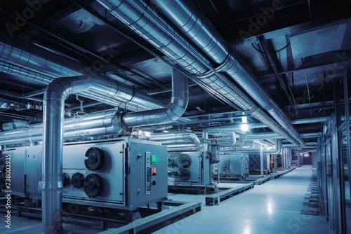 A Detailed View of a Cold Storage Evaporator in an Industrial Setting, Surrounded by Metallic Pipes and Machinery Under Bright Fluorescent Lights