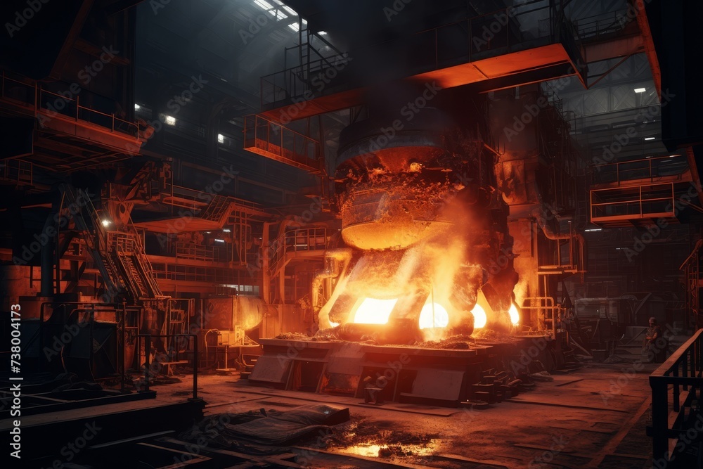 A detailed view of a reheat furnace in an industrial setting, with a