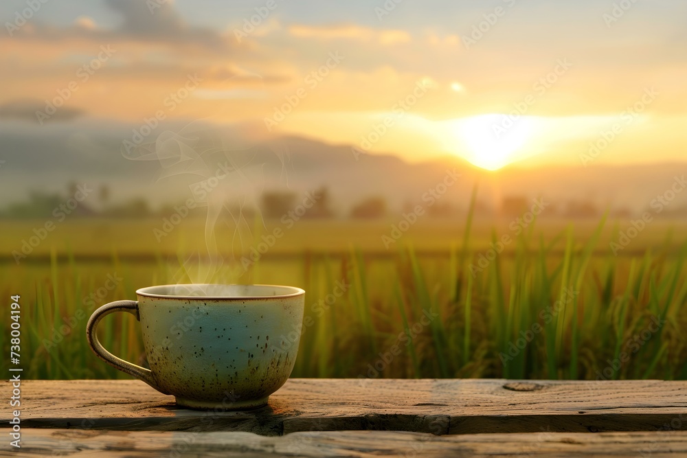 Enhanced Virtual Background: A Serene Morning Scene of Sunrise over Rice Fields with a Steaming Cup of Tea. Concept Adventure Travel Photography, Stunning Sunsets, Urban Landscapes