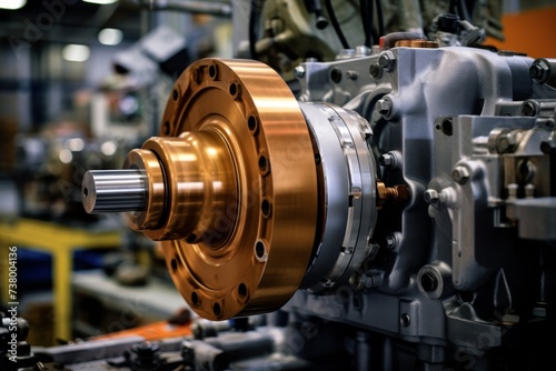 A Detailed View of a Powerful Industrial Motor, Set Against the Intricate Backdrop of a Busy Manufacturing Plant