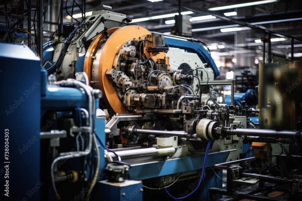 An intricate coiling machine in operation, with its gleaming metal parts and complex mechanisms, set against a backdrop of a bustling industrial environment