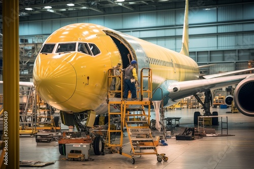 A close-up view of an airplane fuselage under construction in a large industrial hangar, with engineers working diligently in the background