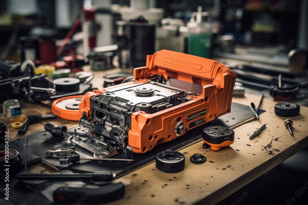 A detailed view of a modern ABS module, meticulously engineered for safety, resting on a workbench in an industrial setting with tools scattered around A detailed view of a modern ABS module, meticulously engineered for safety, resting on a workbench in an industrial setting with tools scattered around