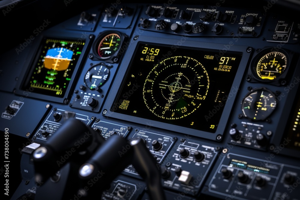 Close-up view of an advanced autopilot panel in a modern aircraft cockpit, showcasing intricate design and technology against a backdrop of complex flight instruments