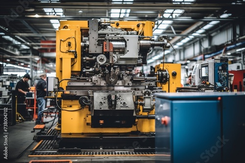 A detailed view of a heavy-duty industrial creaser machine in action, set against a backdrop of a bustling factory floor filled with workers and machinery