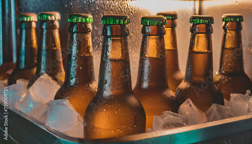 Detalhes de garrafas de cerveja, geladas, armazenadas em recipiente com cubos de gelo. photo
