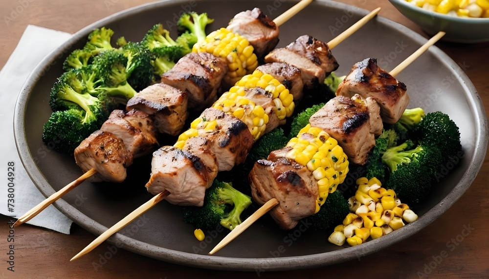 Roasted pork kebabs with broccoli and corn
