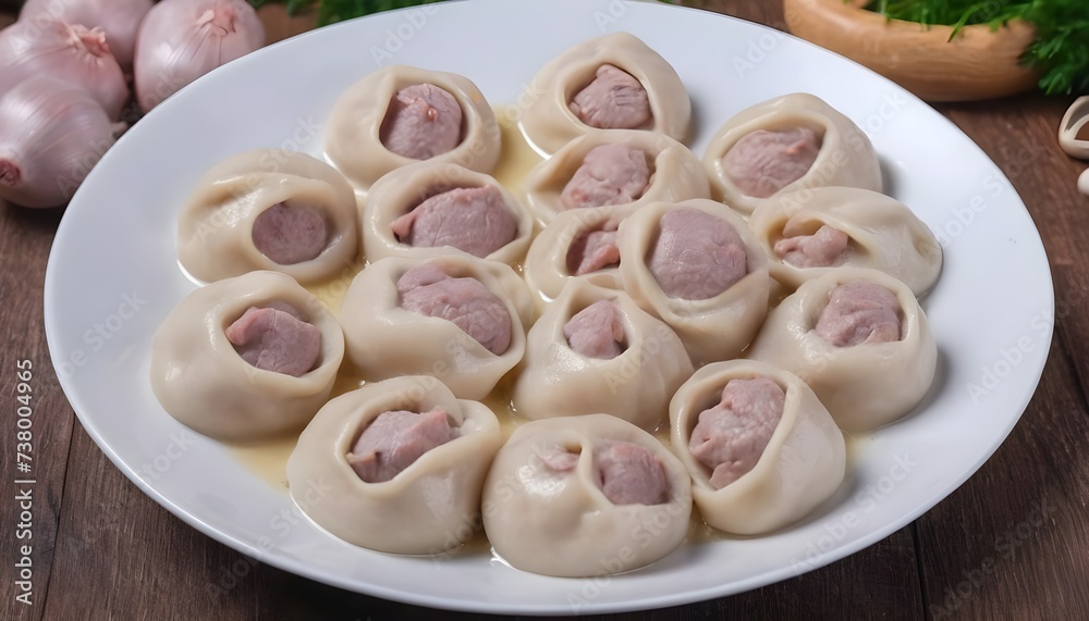 Russian traditional pelmeni with meat. Uncooked freshly made raw