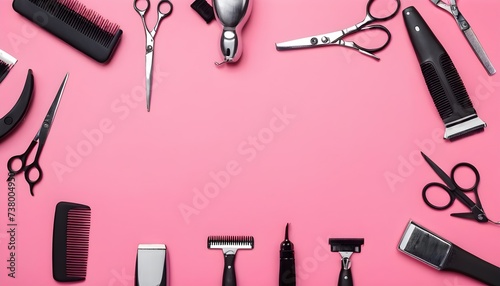 Shaving, Razor, brush, Comb, scissor, clippers and hair trimmer. Accessories for Barber shop equipment on pink background photo